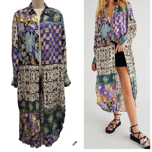 Free People Tops - Free People Jackie Printed Retro Mixed Print Checker Floral Buttondown Maxi Top